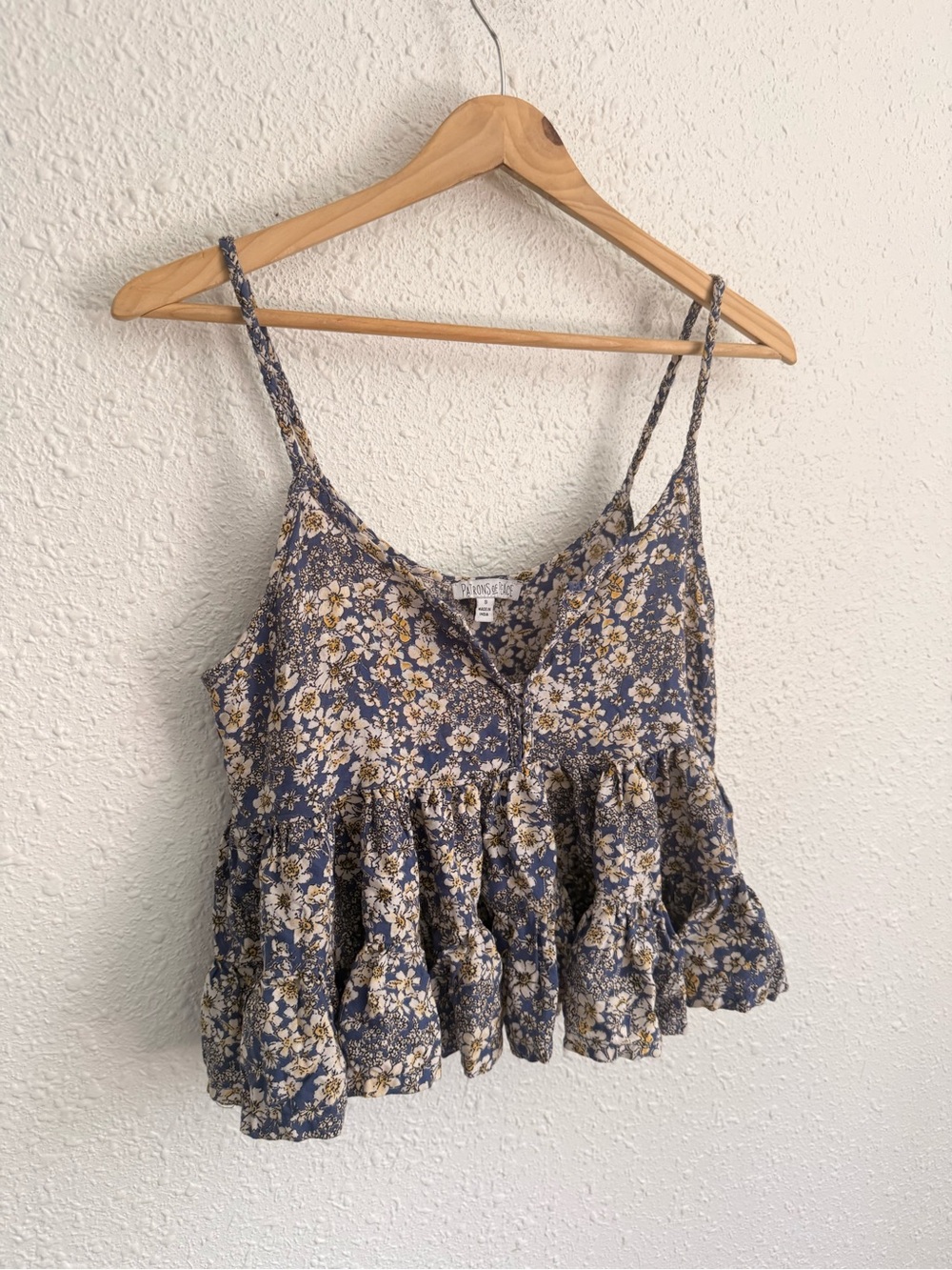 Patrons of Peace blue yellow Liberty floral ruffle cropped tank top S